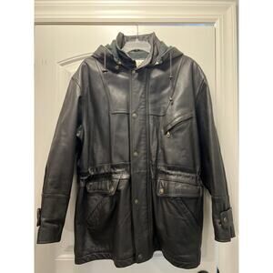 Urban Cowboy Men's Full Zip Snap Front Lined Leather Hooded Jacket Size XL Black